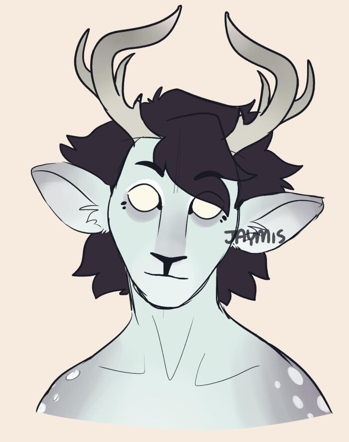 Example of flat color bust. A blue-grey skinned humanoid stares foward. They have dark hair, wide white eyes, + deer antlers.