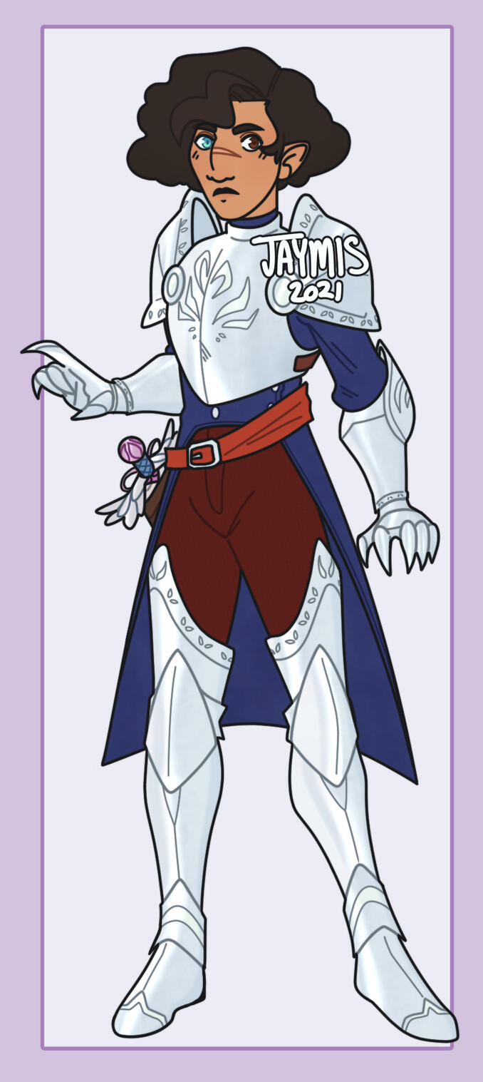 Example of flatcolor fullbody. A woman with tanned skin and short, dark curly hair faces the viewer. She wears silver armor.