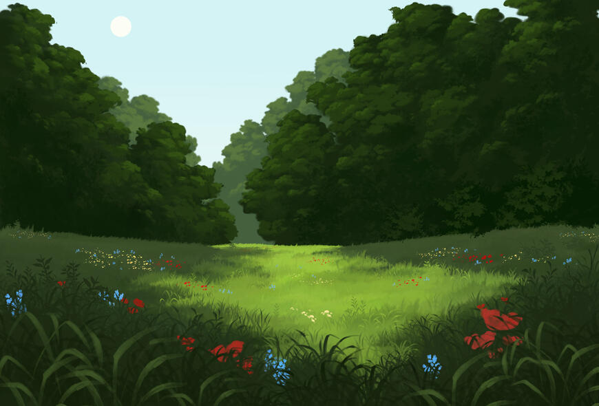 Background example. A grassy meadow surrounded by trees. Everything is in shadow except for one patch of light in the middle.